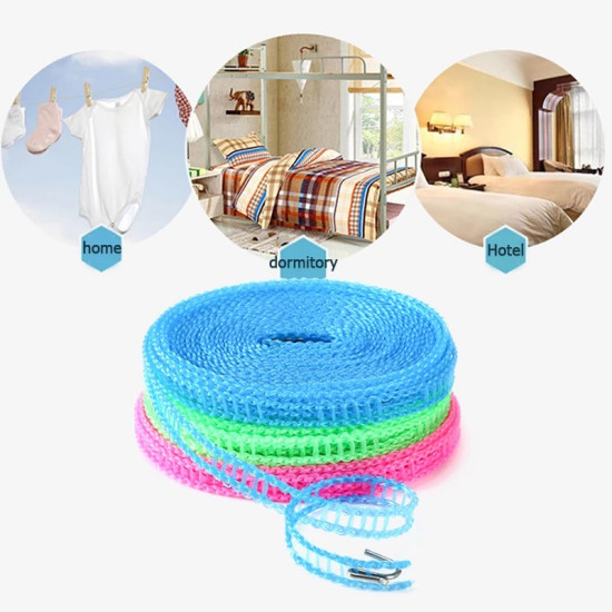 Three coiled mesh washing lines in blue, green, and pink stacked on top of each other. The blue line is uncoiled slightly with a visible metal hook at the end. The lines have evenly spaced loops along their length.