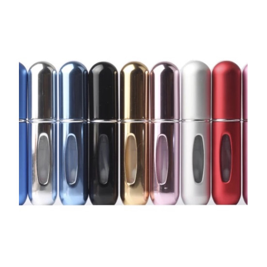 Colorful Metallic Travel Perfume Bottles with Transparent Windows Row of eight small metallic travel perfume bottles in blue, silver, light blue, black, gold, pink, white, and red colors with oval transparent windows in the center