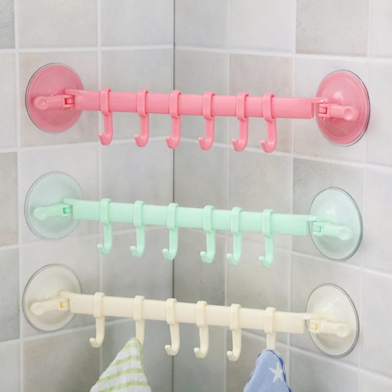 Colorful Suction Cup Hook Bars with Six Hooks Each Three colorful suction cup hook bars mounted on tiled wall with six hooks each