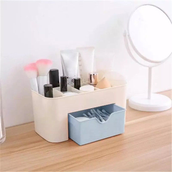 Multipurpose Cream Makeup and Perfume Organizer with Blue Drawer cream makeup organizer with multiple compartments holding brushes and tubes, and a blue drawer with cotton swabs