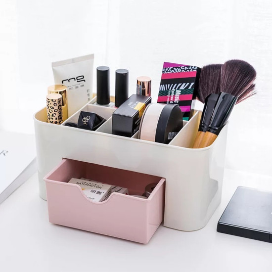 Multipurpose Cream Makeup and Perfume Organizer with Pink Drawer cream makeup organizer with multiple compartments and a pink drawer holding cosmetics and brushes