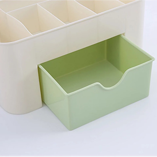 Multi-use Cosmetic Organizer with Green Drawer cream cosmetic organizer with multiple compartments and a green pull-out drawer