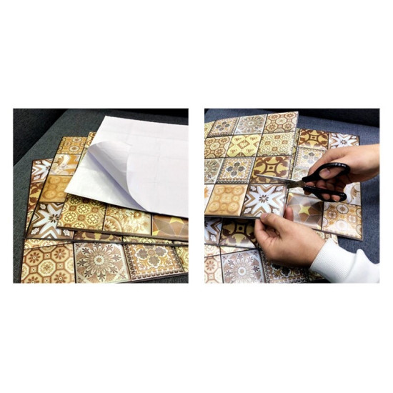 Hands cutting self-adhesive 3D foam wall panels with vintage beige and brown geometric patterns