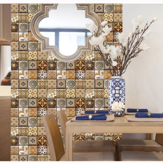 Dining area wall decorated with brown and beige patterned 3D self-adhesive foam tiles around a decorative mirror