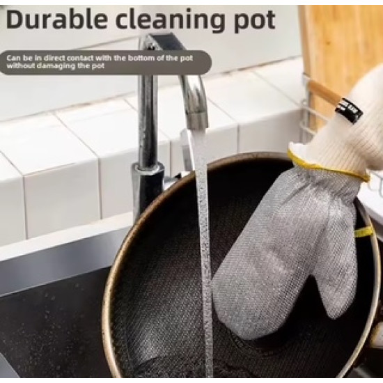 Double-Layer Waterproof Wire Cleaning Gloves Double-layer waterproof wire cleaning glove washing a pot under running water