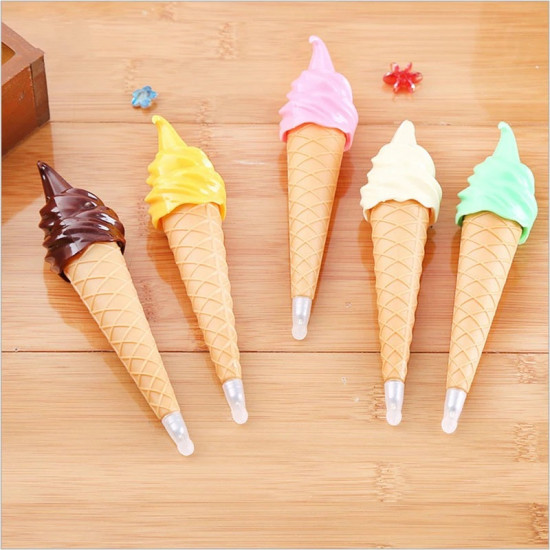 Innovative Ice Cream Cone Shaped Pens for Daily Writing Five pens shaped like ice cream cones with swirled tops in chocolate, yellow, pink, white, and green on wooden surface