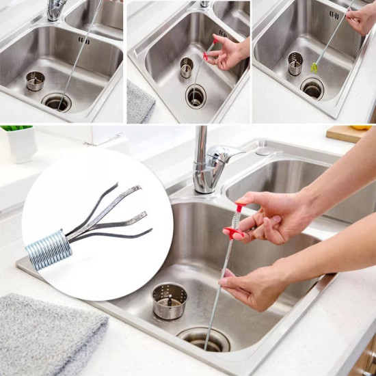 Flexible Metal Pickup Tool with Red Handle and Claw Tips Flexible metal pickup tool with red handle and claw tips used to retrieve items from a kitchen sink drain