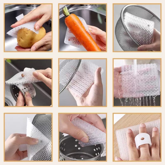 Flexible textured silicone cleaning brush with finger ring used for scrubbing vegetables and kitchen utensils