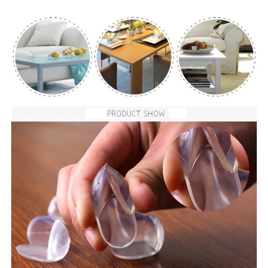 Hand holding a flexible transparent silicone corner protector for furniture safety
