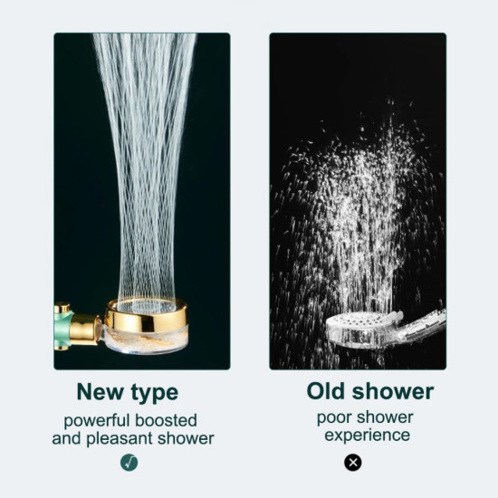 Shower Head with Water Filter and Strong Water Pressure Gold shower head with water filter showing strong, fine water streams for boosted water pressure