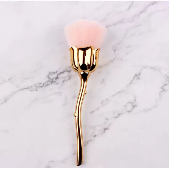 Luxury Golden Rose Shaped Makeup Brush with Soft Pink Bristles Golden rose-shaped makeup brush with soft light pink bristles and shiny gold stem handle
