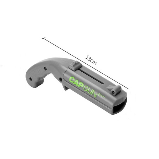 Gray CAPGUN Bottle Cap Opener with Slider 13 cm Gray CAPGUN bottle cap opener with curved handle and top slider measuring 13 cm length