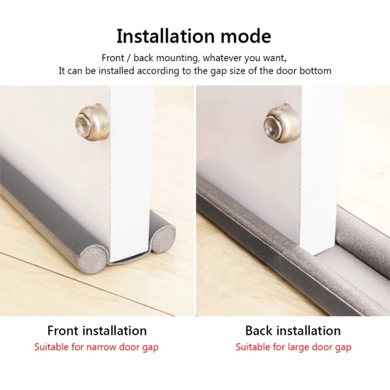 Gray foam door bottom seal with front and back installation options Gray foam door bottom seal installed on front and back sides of white door for narrow and large gaps
