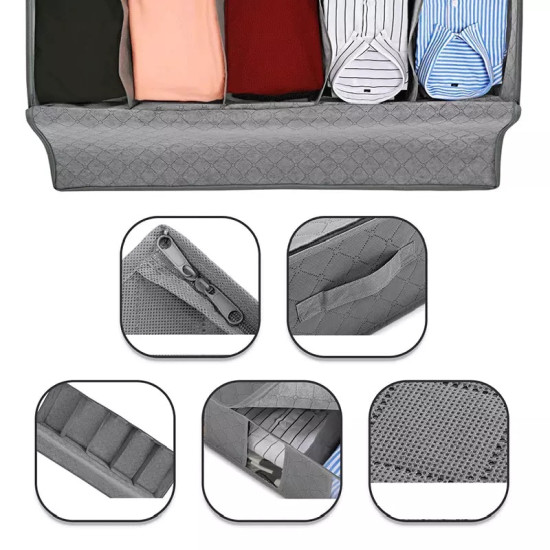Gray Quilted Under Bed Clothes Storage Bag with Dividers Gray quilted under bed storage bag with multiple compartments holding folded clothes