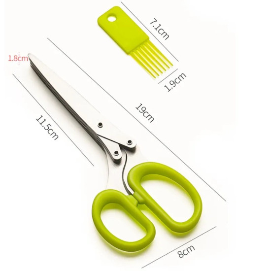 Multiblade stainless steel scissors with green handles and a small green cleaning comb, shown with measurements