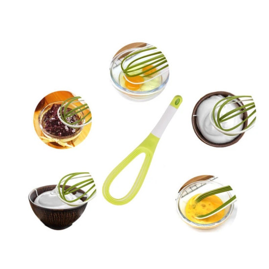 Green and white silicone hand whisk with ergonomic handle and hanging hole