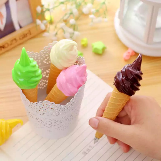 Innovative Ice Cream Cone Pen for Daily Writing Hand holding chocolate ice cream cone pen with three colorful ice cream cone pens in white holder
