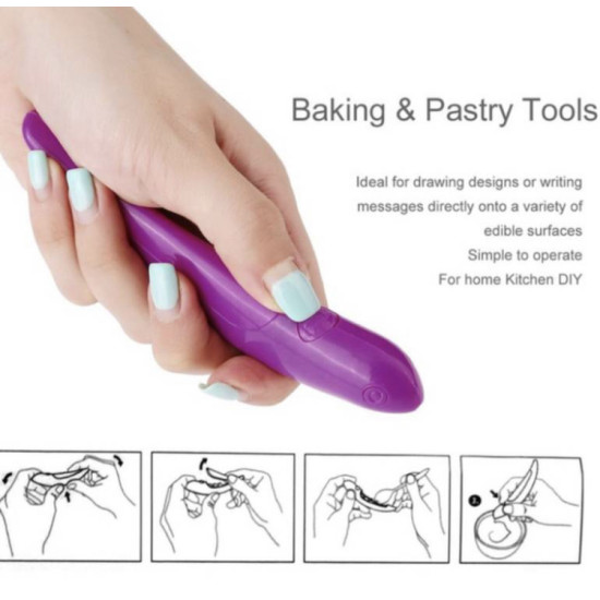 Hand holding a purple pen for decorating coffee and cakes with a small oval button