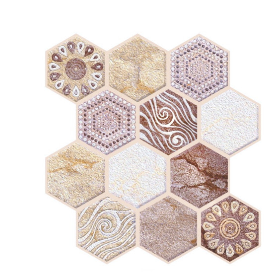 Set of twelve hexagonal wall tiles arranged in a honeycomb pattern. Tiles feature various textured designs including swirls, dots, and floral motifs in shades of beige, brown, and cream. No hooks or loops visible. No printed measurements visible.