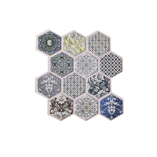 Twelve hexagonal decorative wall panels arranged in a honeycomb pattern on a white background. The panels feature various intricate floral and geometric patterns in colors including blue, yellow, brown, black, and white. No hooks or loops visible. No prin