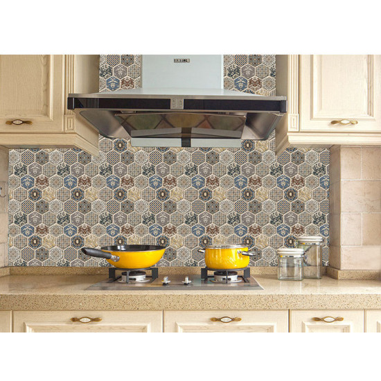 Hexagonal 3D self-adhesive foam wall decor with beige, blue, and brown floral and geometric patterns in kitchen