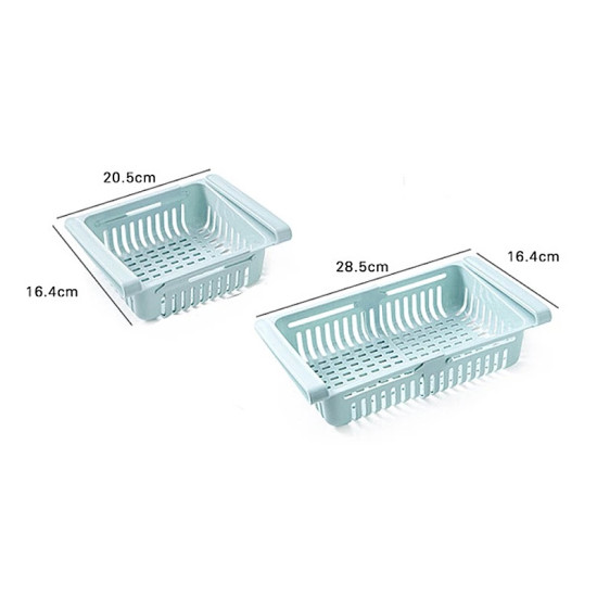 Light Blue Rectangular Storage Baskets with Hooks Two light blue rectangular storage baskets with vertical and horizontal slits on the sides and bottom. Each basket has two hooks extending from the top edges. The smaller basket measures 20.5cm by 16.4cm, and the larger basket measures 28.5cm by 16.4cm. B