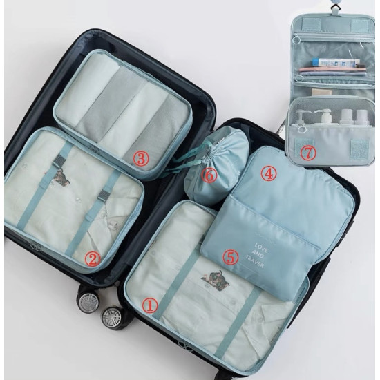 Light blue travel bag organizers set with eight pieces including packing cubes, drawstring pouch, and hanging toiletry bag