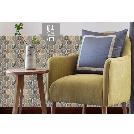 Hexagonal 3D self-adhesive foam wall decor with blue and beige floral and geometric patterns behind armchair