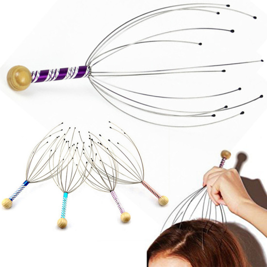 Manual wire scalp massager with wooden handle wrapped in purple and silver tape for relaxation and blood circulation