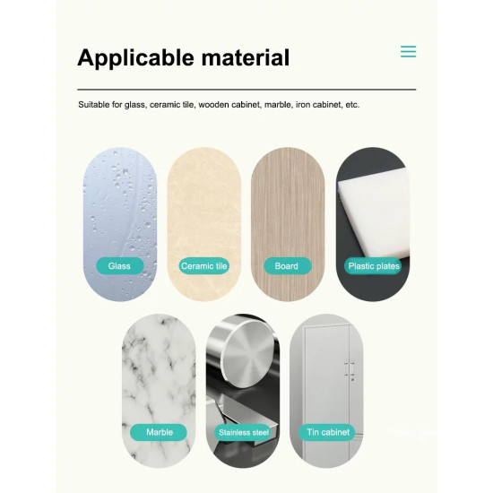 Materials suitable for adhesive shelf hooks include glass, ceramic tile, wood, plastic, marble, stainless steel, and tin