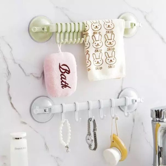 Multiuse No-Drill Suction Cup Hook Bars for Kitchen, Bathroom, and Travel Two suction cup hook bars mounted on a tiled wall holding bath accessories and a towel