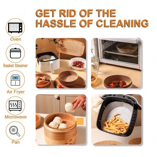 Nonstick round baking paper liners used in air fryer, oven, steamer, microwave, and pan for easy cleaning