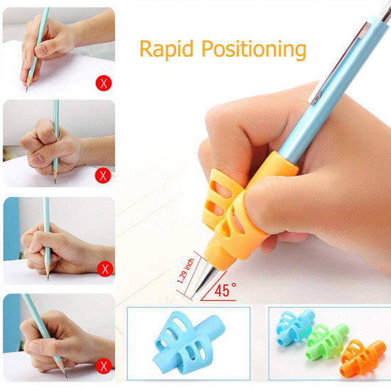 Orange silicone pencil grip for children with ergonomic loops to correct pen holding and improve writing posture