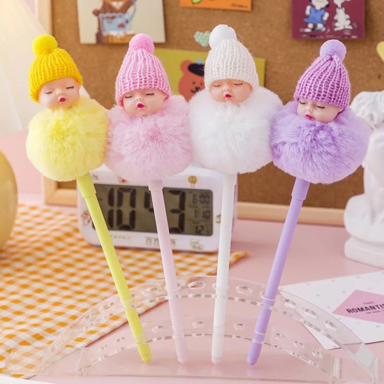 Colorful pens with fluffy doll heads and knitted hats for school and office Four colorful pens with fluffy doll heads wearing knitted hats in yellow, pink, white, and purple