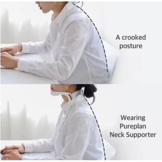 Smart Neck Supporter for Posture Correction Person wearing a white neck posture corrector showing improved neck alignment