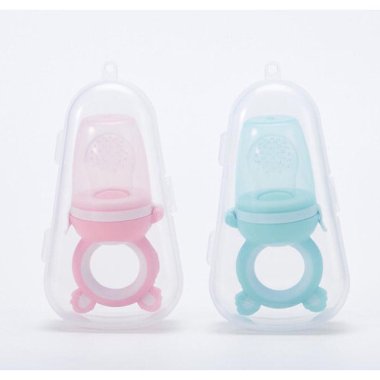 Pink and blue baby fruit and vegetable feeders in clear protective cases with ring handles