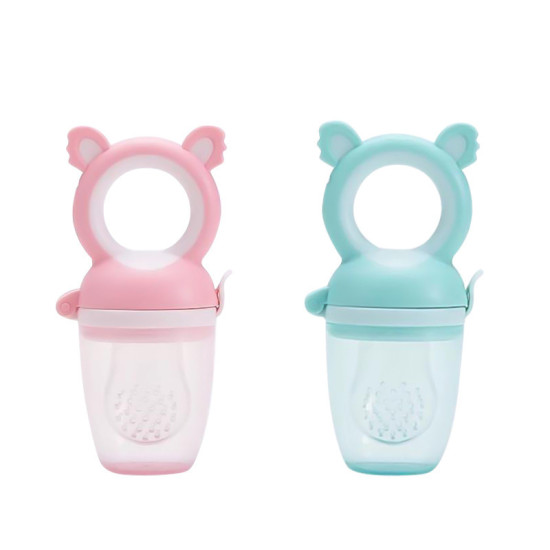 Pink and blue baby food feeders with bear ear-shaped handles and transparent silicone pouches