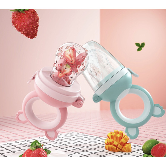 Pink and blue baby food feeders with transparent silicone pouches containing fruit pieces and ring handles