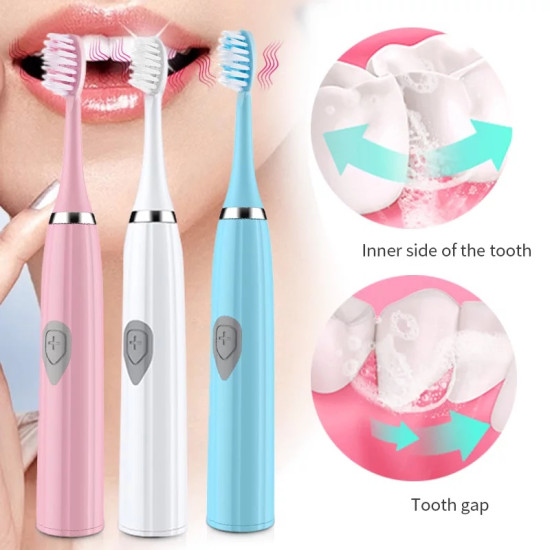 Three battery-powered electric toothbrushes in pink, white, and blue with vibrating brush heads