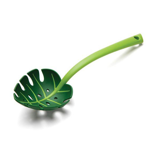 Plastic Green Leaf-Shaped Serving Spoon Plastic serving spoon shaped like a green leaf with cut-out holes and a long curved handle