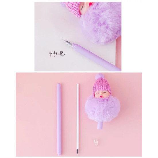 Purple Fluffy Doll Head Pen with Knitted Hat Purple pen with a fluffy doll head wearing a pink knitted hat and pompom, shown with pen parts on pink background
