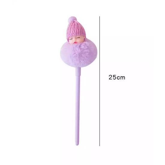 Purple Pen with Sleeping Doll Head and Knitted Hat Purple pen with a sleeping doll head wearing a pink knitted hat and a fluffy pompom