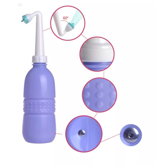 Portable Purple Travel Bidet with Angled Nozzle and Textured Grip Purple portable travel bidet with textured grip and angled white nozzle spraying water at 60 degrees