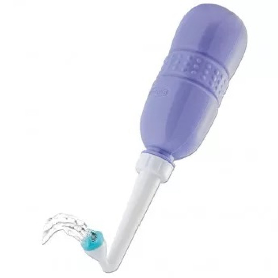 Portable Purple Travel Bidet with Curved Nozzle Purple portable travel bidet with textured grip and curved white nozzle with blue tip