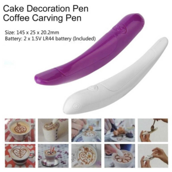 Purple and white curved pens for decorating coffee and cakes with battery powered carving tips
