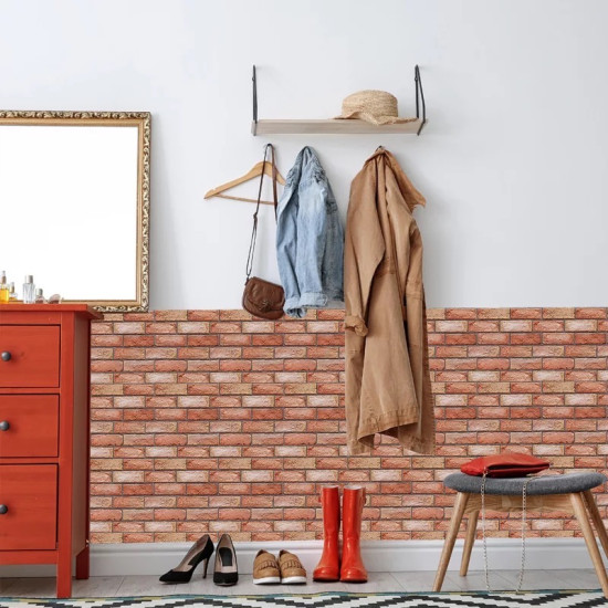 Self-adhesive 3D foam wall decor with red brick pattern in an entryway setting