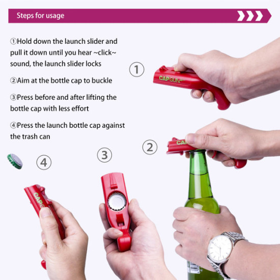 Multi-use Red CAPGUN Bottle Cap Opener S10-S11 Red CAPGUN bottle cap opener in hand demonstrating steps to open a bottle cap easily