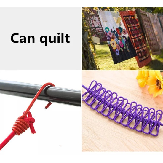 Red elastic washing rope with 12 purple looped clips and adjustable hooks for hanging clothes