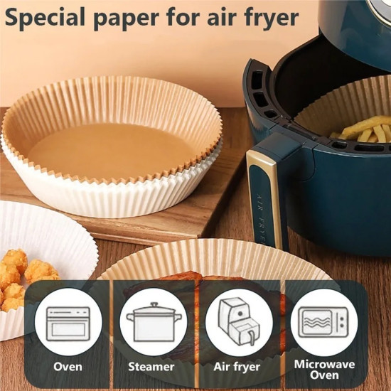 Round nonstick paper liners for air fryer, oven, steamer, and microwave with food and air fryer basket