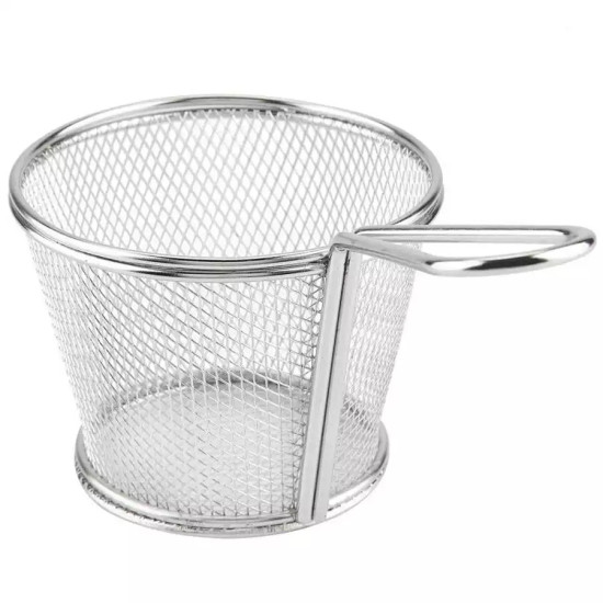 Round Wire Mesh Frying Strainer with Triangular Handle Round wire mesh frying strainer with a triangular loop handle for easy lifting and draining of fried foods